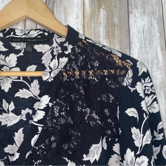 White House Black Market Black & White Floral Lace Trim Button Blouse - Picture 5 of 6